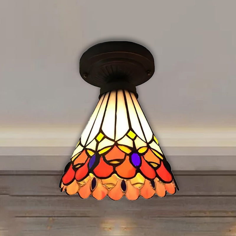 1-Head Flower/Bird/Phoenix Flower/Pink Rose/Red Rose Ceiling Mount Light Tiffany Rustic Stained Glass Ceiling Lamp in Black for Cloth Shop Black Phoenix Flower Clearhalo 'Ceiling Lights' 'Close To Ceiling Lights' 'Close to ceiling' 'Flush mount' Lighting' 252594