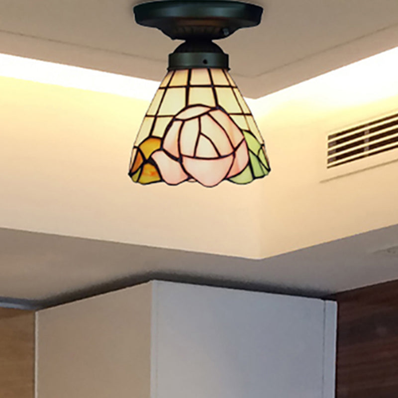 1-Head Flower/Bird/Phoenix Flower/Pink Rose/Red Rose Ceiling Mount Light Tiffany Rustic Stained Glass Ceiling Lamp in Black for Cloth Shop Black Pink Rose Clearhalo 'Ceiling Lights' 'Close To Ceiling Lights' 'Close to ceiling' 'Flush mount' Lighting' 252595