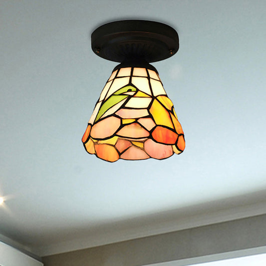 1-Head Flower/Bird/Phoenix Flower/Pink Rose/Red Rose Ceiling Mount Light Tiffany Rustic Stained Glass Ceiling Lamp in Black for Cloth Shop Black Bird Clearhalo 'Ceiling Lights' 'Close To Ceiling Lights' 'Close to ceiling' 'Flush mount' Lighting' 252596