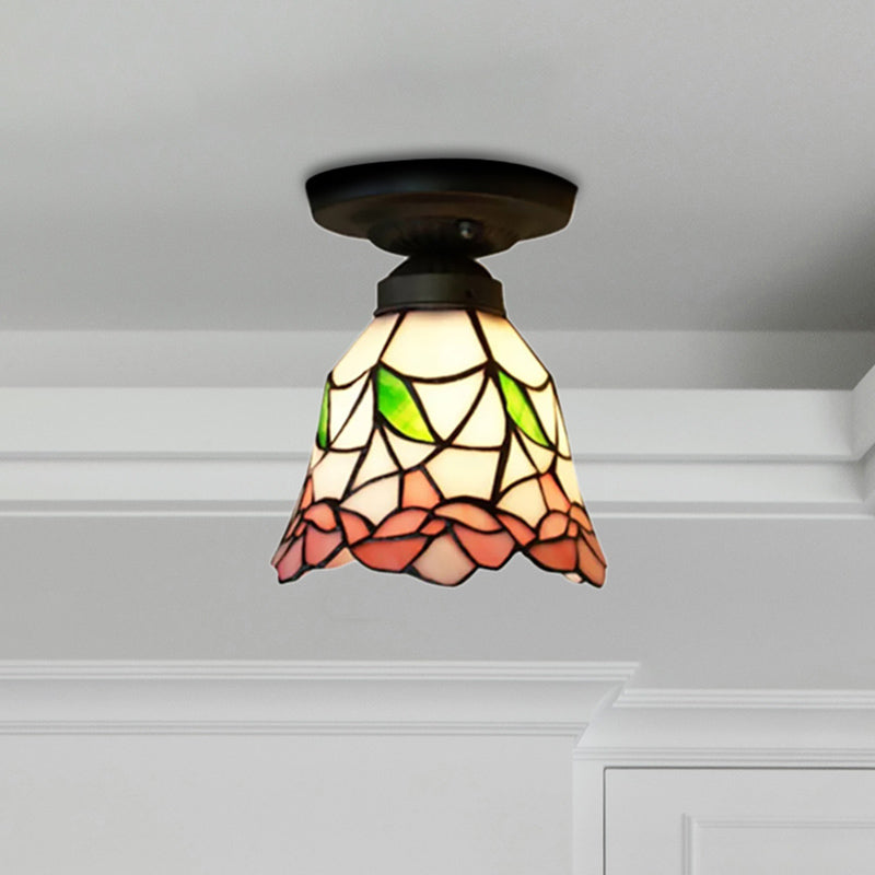 1-Head Flower/Bird/Phoenix Flower/Pink Rose/Red Rose Ceiling Mount Light Tiffany Rustic Stained Glass Ceiling Lamp in Black for Cloth Shop Black Flower Clearhalo 'Ceiling Lights' 'Close To Ceiling Lights' 'Close to ceiling' 'Flush mount' Lighting' 252598