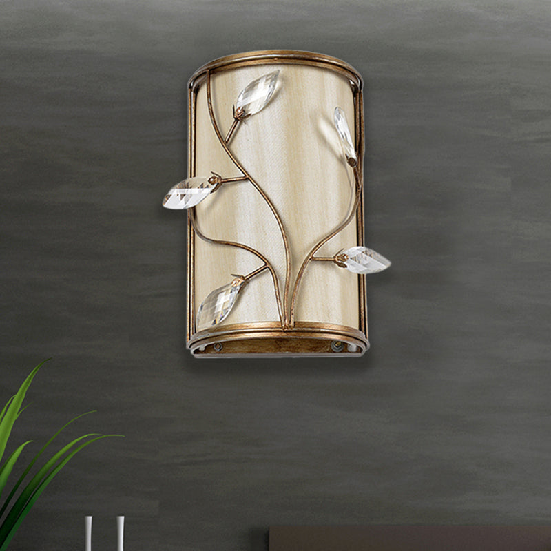 Cylinder Wall Lamp Sconce Vintage Metal 1/3-Light Sconce Lighting with Leaf Crystal Deco in Brass Finish 1.0 Brass Clearhalo 'Wall Lamps & Sconces' 'Wall Lights' Lighting' 252612