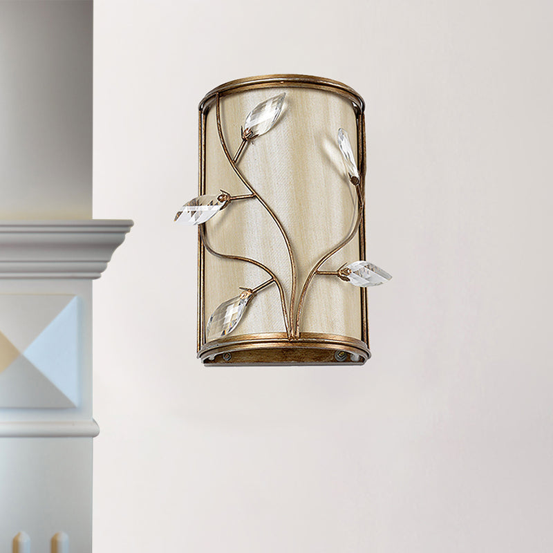 Cylinder Wall Lamp Sconce Vintage Metal 1/3-Light Sconce Lighting with Leaf Crystal Deco in Brass Finish Clearhalo 'Wall Lamps & Sconces' 'Wall Lights' Lighting' 252613