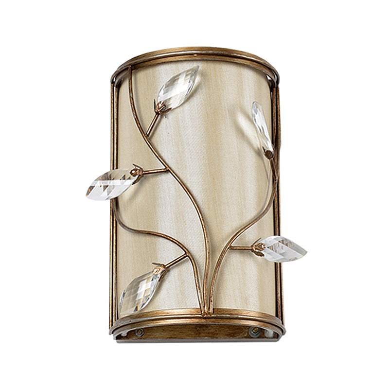 Cylinder Wall Lamp Sconce Vintage Metal 1/3-Light Sconce Lighting with Leaf Crystal Deco in Brass Finish Clearhalo 'Wall Lamps & Sconces' 'Wall Lights' Lighting' 252614