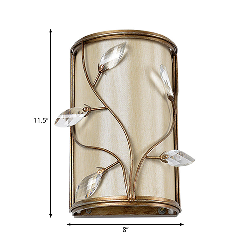 Cylinder Wall Lamp Sconce Vintage Metal 1/3-Light Sconce Lighting with Leaf Crystal Deco in Brass Finish Clearhalo 'Wall Lamps & Sconces' 'Wall Lights' Lighting' 252615