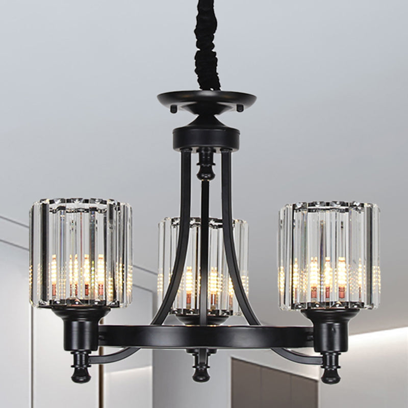 Black/Gold Chandelier Lamp Vintage Stylish Crystal and Metal 3/6 Heads Hanging Lighting with Cylinder Shade 3 Black Clearhalo 'Ceiling Lights' 'Chandeliers' Lighting' options 252627_9454f95b-307e-454a-a40f-fe9529d0089b