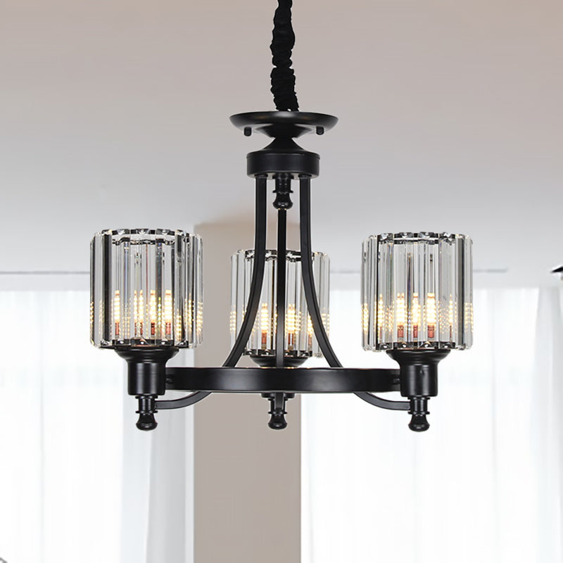 Black/Gold Chandelier Lamp Vintage Stylish Crystal and Metal 3/6 Heads Hanging Lighting with Cylinder Shade Clearhalo 'Ceiling Lights' 'Chandeliers' Lighting' options 252628