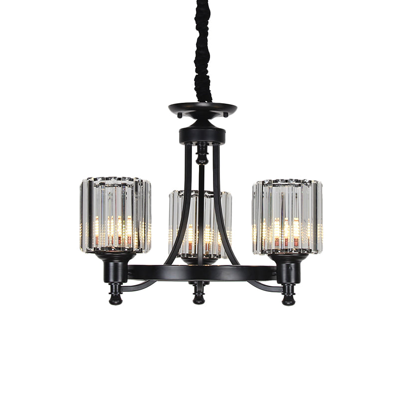 Black/Gold Chandelier Lamp Vintage Stylish Crystal and Metal 3/6 Heads Hanging Lighting with Cylinder Shade Clearhalo 'Ceiling Lights' 'Chandeliers' Lighting' options 252629