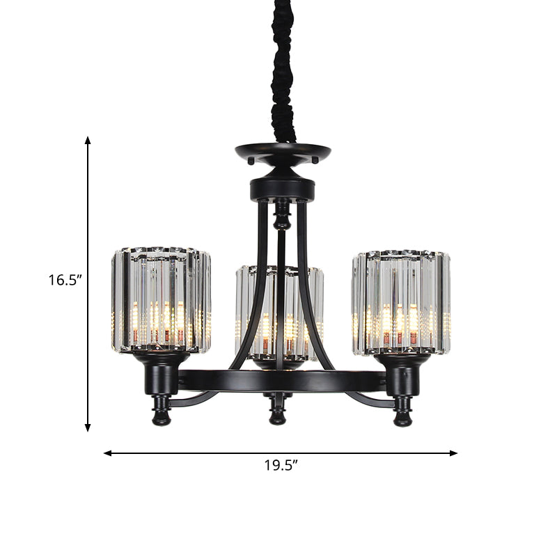 Black/Gold Chandelier Lamp Vintage Stylish Crystal and Metal 3/6 Heads Hanging Lighting with Cylinder Shade Clearhalo 'Ceiling Lights' 'Chandeliers' Lighting' options 252630