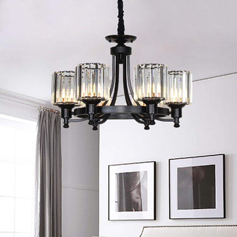 Black/Gold Chandelier Lamp Vintage Stylish Crystal and Metal 3/6 Heads Hanging Lighting with Cylinder Shade 6 Black Clearhalo 'Ceiling Lights' 'Chandeliers' Lighting' options 252631_5c6b33eb-4663-4d21-8c1f-da3a674465af