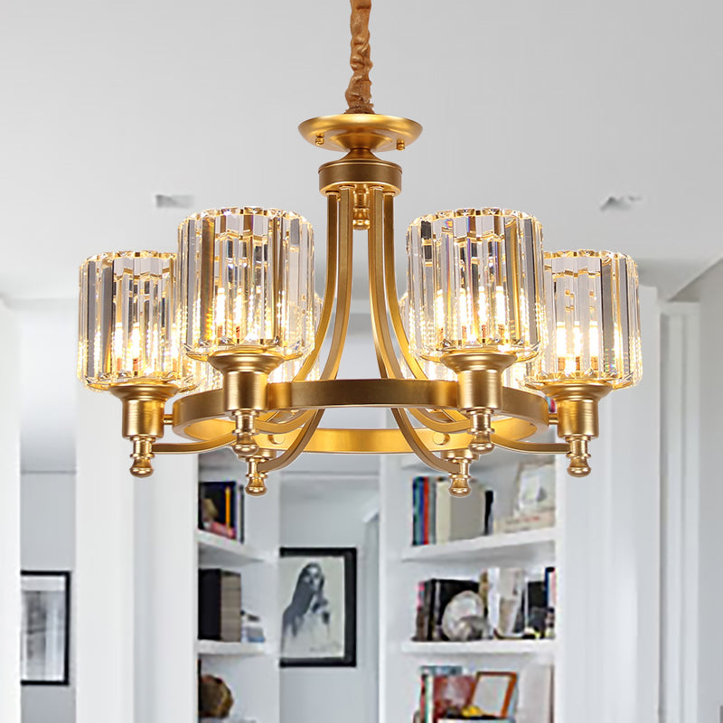 Black/Gold Chandelier Lamp Vintage Stylish Crystal and Metal 3/6 Heads Hanging Lighting with Cylinder Shade 6 Gold Clearhalo 'Ceiling Lights' 'Chandeliers' Lighting' options 252634_a371e514-b04e-40b7-8423-7464295e10f2