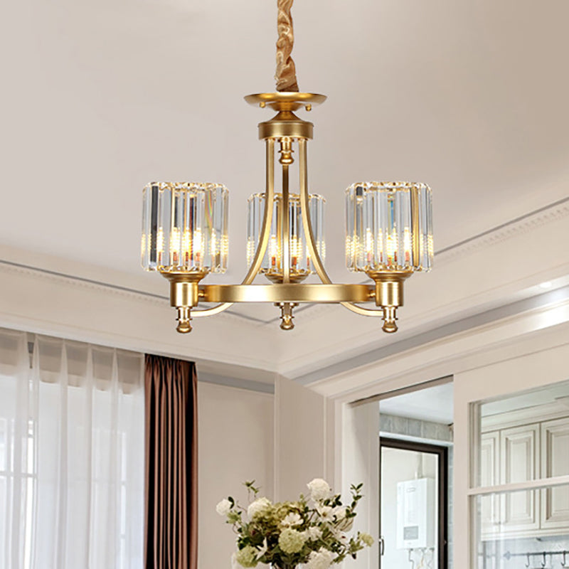 Black/Gold Chandelier Lamp Vintage Stylish Crystal and Metal 3/6 Heads Hanging Lighting with Cylinder Shade 3 Gold Clearhalo 'Ceiling Lights' 'Chandeliers' Lighting' options 252636_d6fcbc29-d3e8-4004-be08-8de37a47bc09