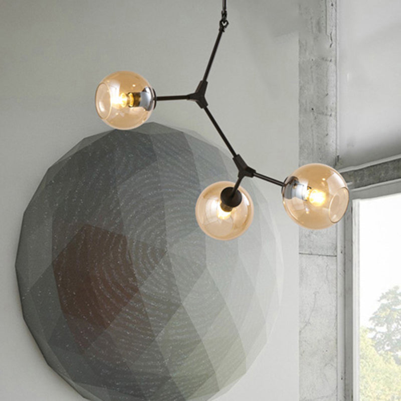 Amber Open Glass Orb Chandelier Living Room 3 Lights Modern Pendant Light in Black Amber Clearhalo 'Ceiling Lights' 'Chandeliers' 'Modern Chandeliers' 'Modern' Lighting' 252649