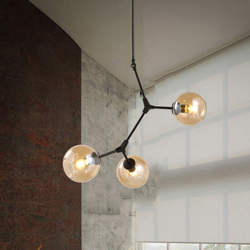 Amber Open Glass Orb Chandelier Living Room 3 Lights Modern Pendant Light in Black Clearhalo 'Ceiling Lights' 'Chandeliers' 'Modern Chandeliers' 'Modern' Lighting' 252650