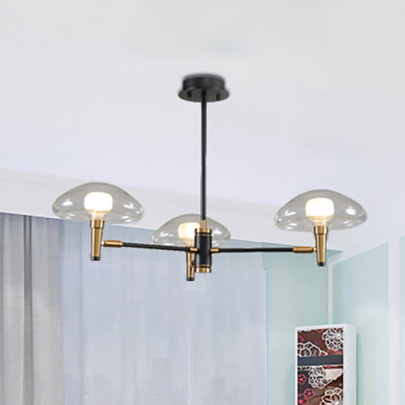 Contemporary Black Chandelier Mushroom Shade 3 Bulbs Transparent Glass Pendant Light for Bedroom Black Clearhalo 'Ceiling Lights' 'Chandeliers' 'Glass shade' 'Glass' 'Modern Chandeliers' 'Modern' Lighting' 252681