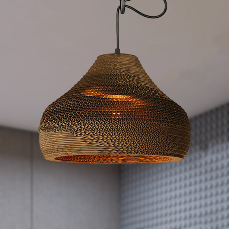 Contemporary Dome/Bowl Shade Suspension Light 1 Head Corrugated Paper Pendant Lamp in Brown Clearhalo 'Ceiling Lights' 'Modern Pendants' 'Modern' 'Pendant Lights' 'Pendants' Lighting' 252695