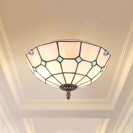 12"/16"/19.5" Wide Living Room Flush Light with Grid Glass Bowl Shade Tiffany Ceiling Light Fixture in Pink for Bedroom Pink Clearhalo 'Ceiling Lights' 'Close To Ceiling Lights' 'Close to ceiling' 'Flush mount' Lighting' 252773