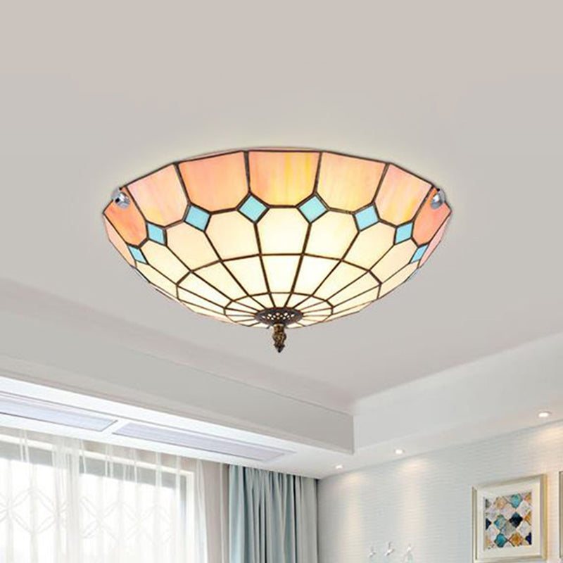 12"/16"/19.5" Wide Living Room Flush Light with Grid Glass Bowl Shade Tiffany Ceiling Light Fixture in Pink for Bedroom Clearhalo 'Ceiling Lights' 'Close To Ceiling Lights' 'Close to ceiling' 'Flush mount' Lighting' 252774