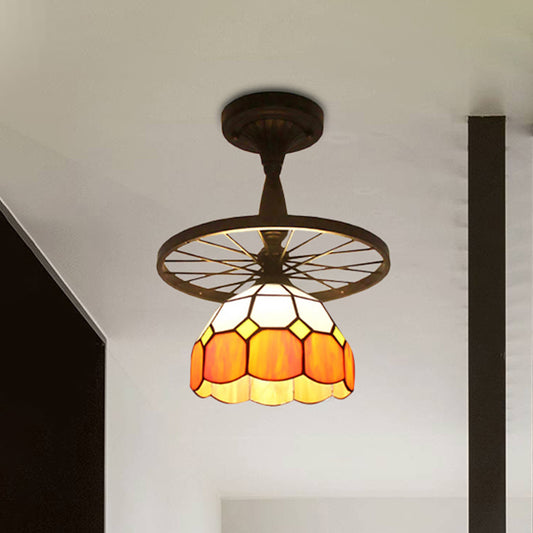 1 Head Grid Dome Ceiling Light with Sunflower/Victorian/Diamond/Square Pattern Tiffany Antique Glass Semi Flush Mount Light in Orange for Hallway Clearhalo 'Ceiling Lights' 'Close To Ceiling Lights' 'Close to ceiling' 'Glass shade' 'Glass' 'Semi-flushmount' 'Tiffany close to ceiling' 'Tiffany' Lighting' 252903