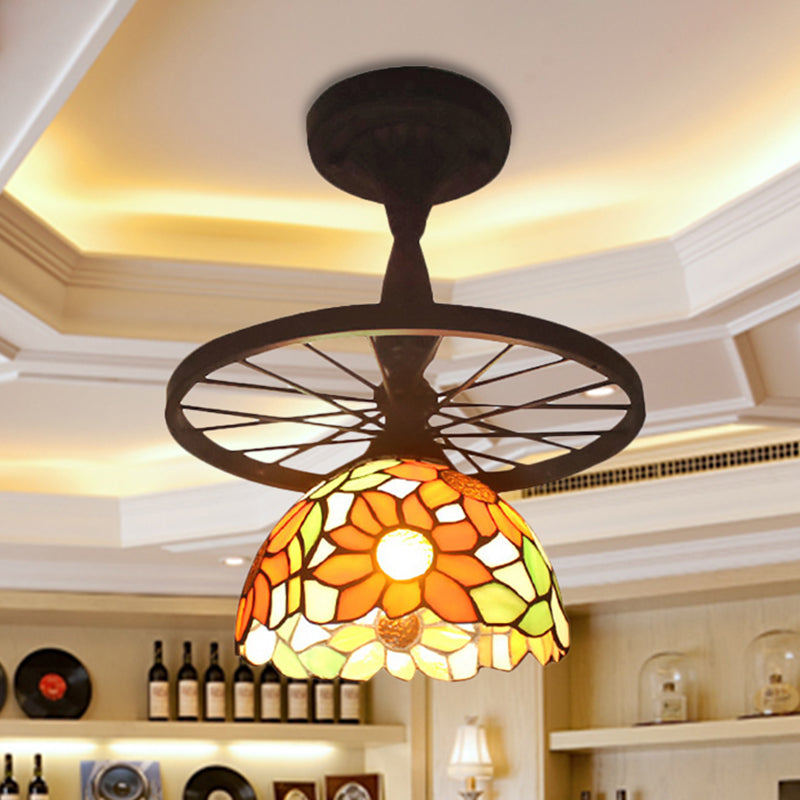 1 Head Grid Dome Ceiling Light with Sunflower/Victorian/Diamond/Square Pattern Tiffany Antique Glass Semi Flush Mount Light in Orange for Hallway Orange Sunflower Clearhalo 'Ceiling Lights' 'Close To Ceiling Lights' 'Close to ceiling' 'Glass shade' 'Glass' 'Semi-flushmount' 'Tiffany close to ceiling' 'Tiffany' Lighting' 252906