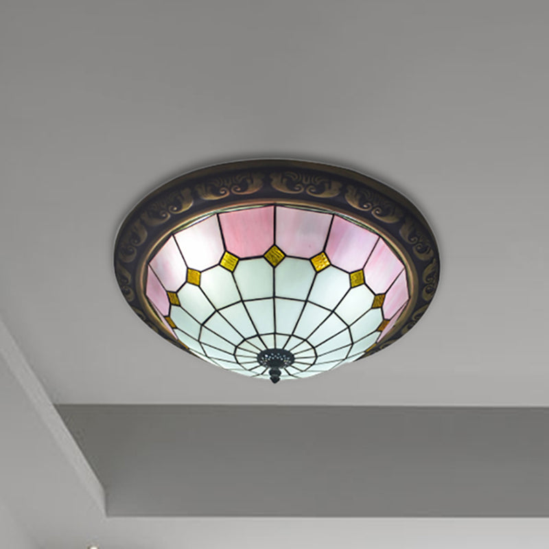 19.5 Inch Lattice Bowl Ceiling Mount Light Art Glass Tiffany Traditional Ceiling Lamp in Pink/Blue Pink Clearhalo 'Ceiling Lights' 'Close To Ceiling Lights' 'Close to ceiling' 'Flush mount' Lighting' 252909