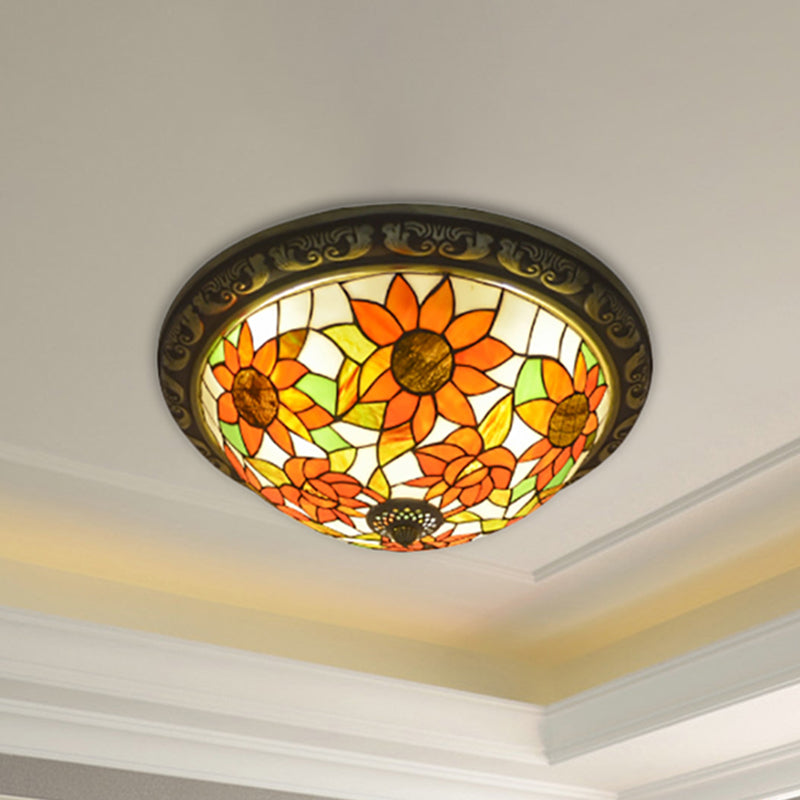 Stained Glass Sunflower Ceiling Light Dining Room Tiffany Rustic Ceiling Mount Light in Red/Pink/Yellow/Orange/Blue/Blue-White Orange Clearhalo 'Ceiling Lights' 'Close To Ceiling Lights' 'Close to ceiling' 'Flush mount' Lighting' 252917