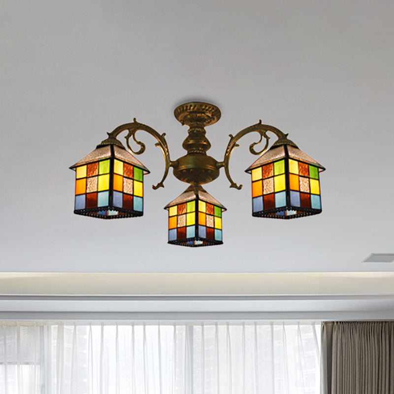 3/5/6 Lights Vintage Tiffany House Chandelier Stained Glass Pendant Light for Restaurant Library 3 Antique Bronze Clearhalo 'Ceiling Lights' 'Close To Ceiling Lights' 'Close to ceiling' 'Glass shade' 'Glass' 'Semi-flushmount' 'Tiffany close to ceiling' 'Tiffany' Lighting' 252922
