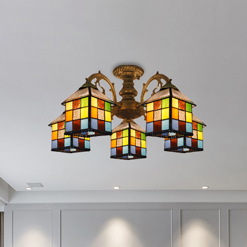 3/5/6 Lights Vintage Tiffany House Chandelier Stained Glass Pendant Light for Restaurant Library 5 Antique Bronze Clearhalo 'Ceiling Lights' 'Close To Ceiling Lights' 'Close to ceiling' 'Glass shade' 'Glass' 'Semi-flushmount' 'Tiffany close to ceiling' 'Tiffany' Lighting' 252924