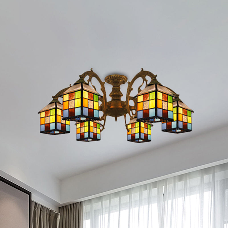 3/5/6 Lights Vintage Tiffany House Chandelier Stained Glass Pendant Light for Restaurant Library 6 Antique Bronze Clearhalo 'Ceiling Lights' 'Close To Ceiling Lights' 'Close to ceiling' 'Glass shade' 'Glass' 'Semi-flushmount' 'Tiffany close to ceiling' 'Tiffany' Lighting' 252925