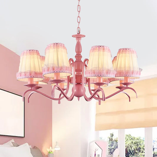 Kids Fold Tapered Shade Chandelier Metal Eight Lights Pink Pendant Light with Lace for Villa Clearhalo 'Ceiling Lights' 'Chandeliers' Lighting' options 252951