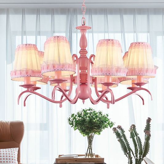 Kids Fold Tapered Shade Chandelier Metal Eight Lights Pink Pendant Light with Lace for Villa Clearhalo 'Ceiling Lights' 'Chandeliers' Lighting' options 252952