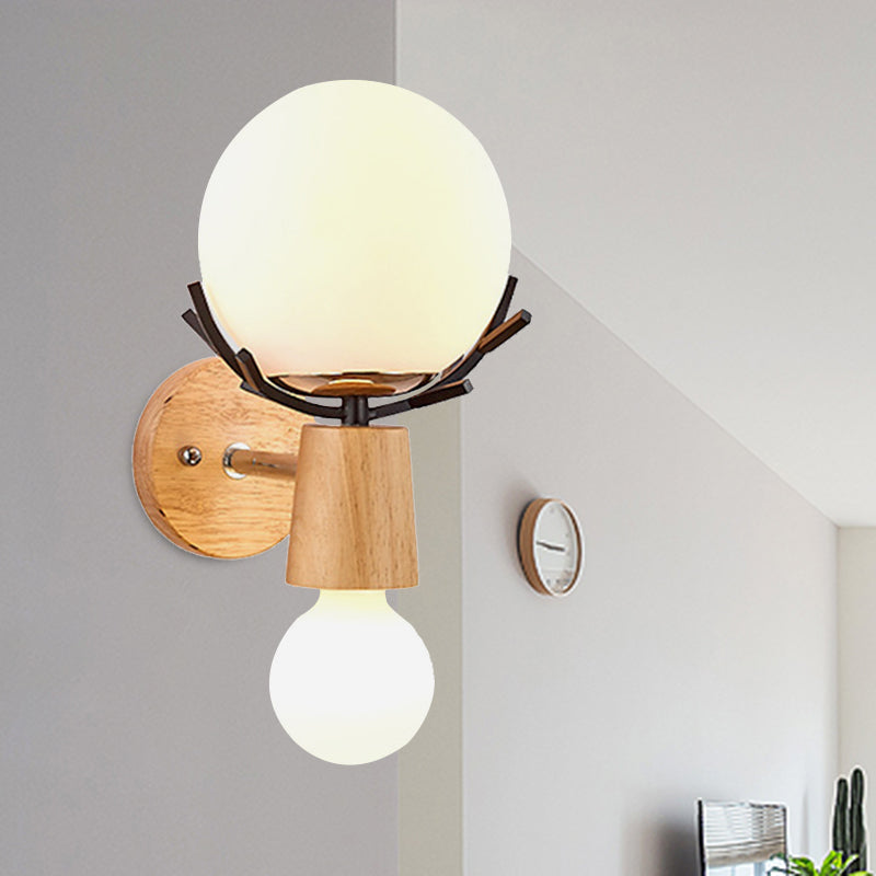 White Globe Sconce Light with Antlers Rustic Wood Glass Wall Lamp with Beige Base for Stair Black Clearhalo 'Modern wall lights' 'Modern' 'Wall Lamps & Sconces' 'Wall Lights' Lighting' 252960