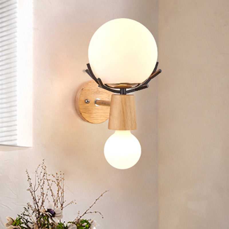 White Globe Sconce Light with Antlers Rustic Wood Glass Wall Lamp with Beige Base for Stair Clearhalo 'Modern wall lights' 'Modern' 'Wall Lamps & Sconces' 'Wall Lights' Lighting' 252961