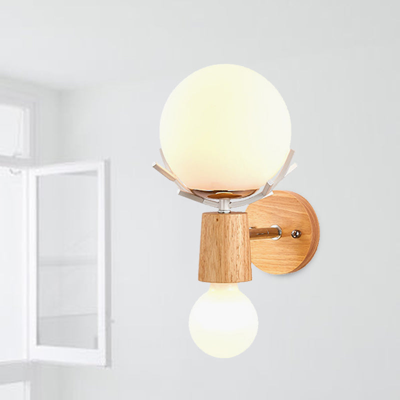 White Globe Sconce Light with Antlers Rustic Wood Glass Wall Lamp with Beige Base for Stair White Clearhalo 'Modern wall lights' 'Modern' 'Wall Lamps & Sconces' 'Wall Lights' Lighting' 252962