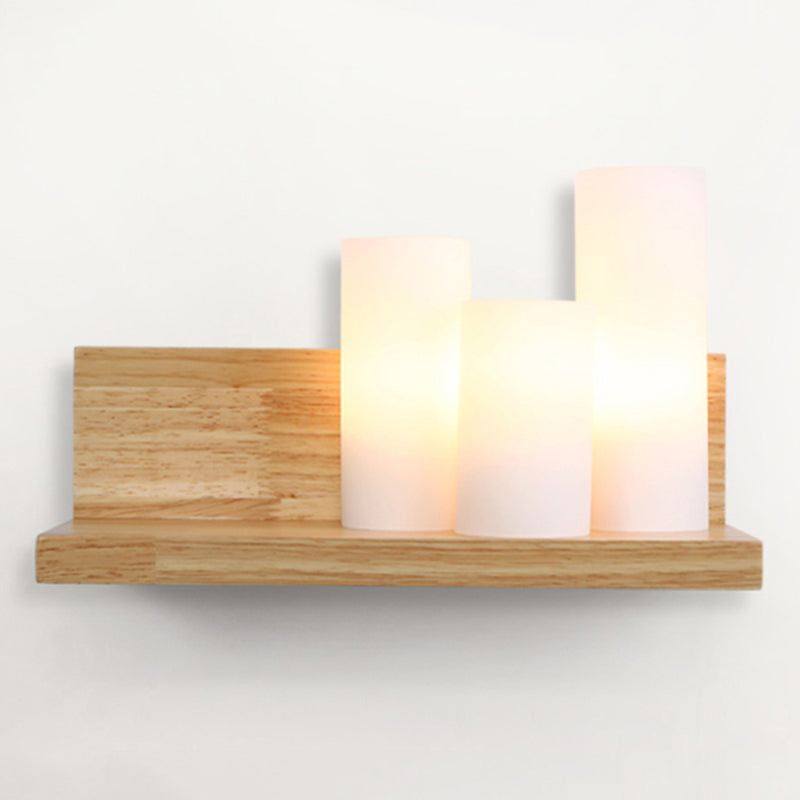 Contemporary Tube Shade Wall Lighting 3-Head Milk Glass Wall Lamp with Wooden Shelf for Cloth Shop Wood Clearhalo 'Modern wall lights' 'Modern' 'Wall Lamps & Sconces' 'Wall Lights' Lighting' 253010