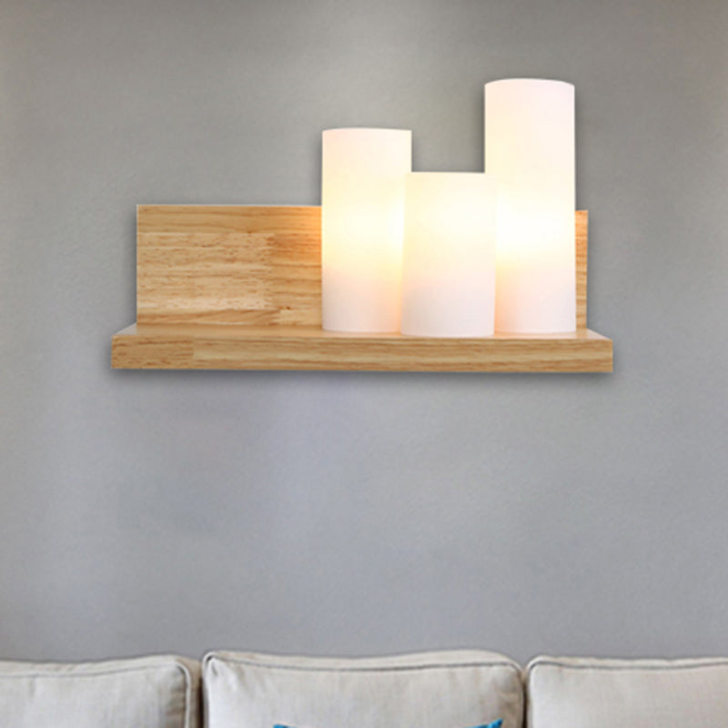 Contemporary Tube Shade Wall Lighting 3-Head Milk Glass Wall Lamp with Wooden Shelf for Cloth Shop Clearhalo 'Modern wall lights' 'Modern' 'Wall Lamps & Sconces' 'Wall Lights' Lighting' 253011