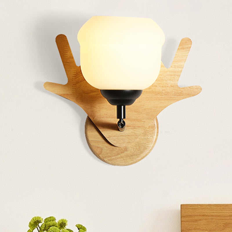 Contemporary Bud Shape Wall Light with Deer Head 1 Light Wood Wall Sconce in Beige for Bedroom Wood Clearhalo 'Modern wall lights' 'Modern' 'Wall Lamps & Sconces' 'Wall Lights' Lighting' 253041