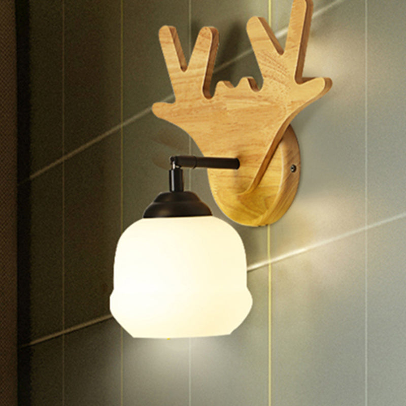 Contemporary Bud Shape Wall Light with Deer Head 1 Light Wood Wall Sconce in Beige for Bedroom Clearhalo 'Modern wall lights' 'Modern' 'Wall Lamps & Sconces' 'Wall Lights' Lighting' 253042