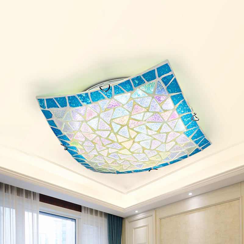 Blue Square Flush Mount Lighting 16"/12" Width Mediterranean Stained Glass Indoor Flush Ceiling Light Blue Clearhalo 'Ceiling Lights' 'Close To Ceiling Lights' 'Close to ceiling' 'Glass shade' 'Glass' 'Semi-flushmount' 'Tiffany close to ceiling' 'Tiffany' Lighting' 253067