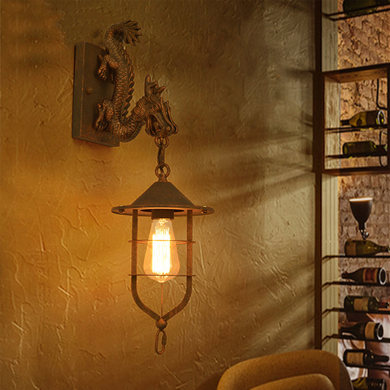 Caged Coffee Shop Wall Light Fixture Traditional Metal 1 Light Rust Sconce Lamp with Dragon Rust Clearhalo 'Art deco wall lights' 'Cast Iron' 'Glass' 'Industrial wall lights' 'Industrial' 'Middle century wall lights' 'Modern' 'Rustic wall lights' 'Tiffany' 'Traditional wall lights' 'Wall Lamps & Sconces' 'Wall Lights' Lighting' 253076