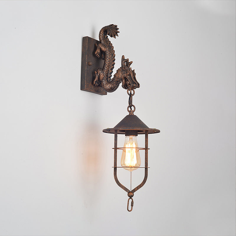 Caged Coffee Shop Wall Light Fixture Traditional Metal 1 Light Rust Sconce Lamp with Dragon Clearhalo 'Art deco wall lights' 'Cast Iron' 'Glass' 'Industrial wall lights' 'Industrial' 'Middle century wall lights' 'Modern' 'Rustic wall lights' 'Tiffany' 'Traditional wall lights' 'Wall Lamps & Sconces' 'Wall Lights' Lighting' 253077