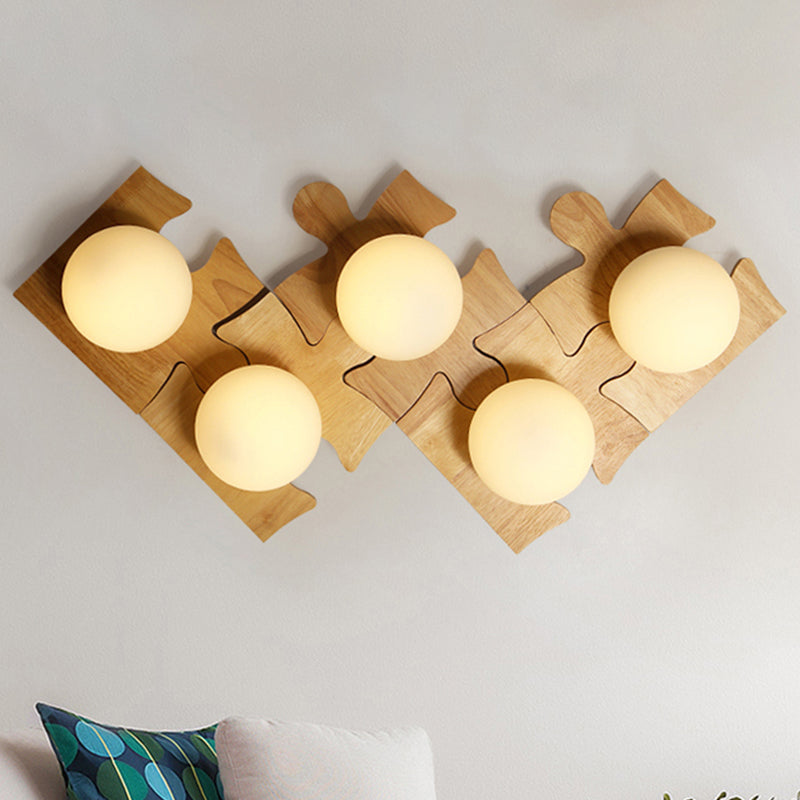 Japanese Style Orb Wall Light with Wooden Puzzle Base Glass 1 Light Beige Sconce Lamp for Corridor Kitchen Clearhalo 'Modern wall lights' 'Modern' 'Wall Lamps & Sconces' 'Wall Lights' Lighting' 253079