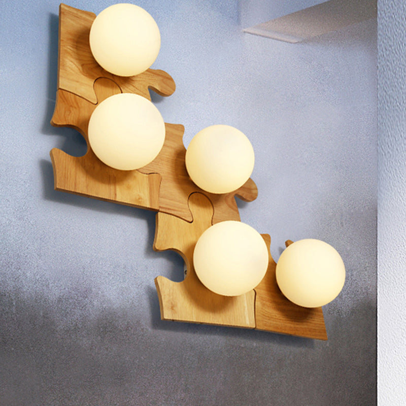 Japanese Style Orb Wall Light with Wooden Puzzle Base Glass 1 Light Beige Sconce Lamp for Corridor Kitchen Clearhalo 'Modern wall lights' 'Modern' 'Wall Lamps & Sconces' 'Wall Lights' Lighting' 253080