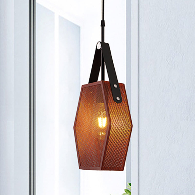 Brown Hollow Hexagon Shape Hanging Lamp 1 Head Industrial Metallic Pendant Light for Restaurant Brown Clearhalo 'Ceiling Lights' 'Modern Pendants' 'Modern' 'Pendant Lights' 'Pendants' Lighting' 253113