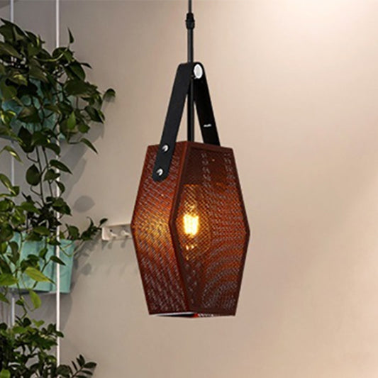 Brown Hollow Hexagon Shape Hanging Lamp 1 Head Industrial Metallic Pendant Light for Restaurant Clearhalo 'Ceiling Lights' 'Modern Pendants' 'Modern' 'Pendant Lights' 'Pendants' Lighting' 253114