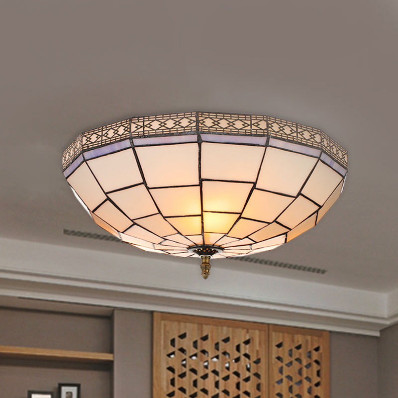 Bowl Flush Ceiling Light 8"/8.5"/10" Height Stained Glass 3 Lights Traditional Flush Lighting in Beige for Living Room Beige 8.5" Clearhalo 'Ceiling Lights' 'Close To Ceiling Lights' 'Close to ceiling' 'Flush mount' Lighting' 253126