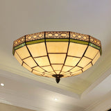 Bowl Flush Ceiling Light 8"/8.5"/10" Height Stained Glass 3 Lights Traditional Flush Lighting in Beige for Living Room Beige 12" Clearhalo 'Ceiling Lights' 'Close To Ceiling Lights' 'Close to ceiling' 'Flush mount' Lighting' 253128