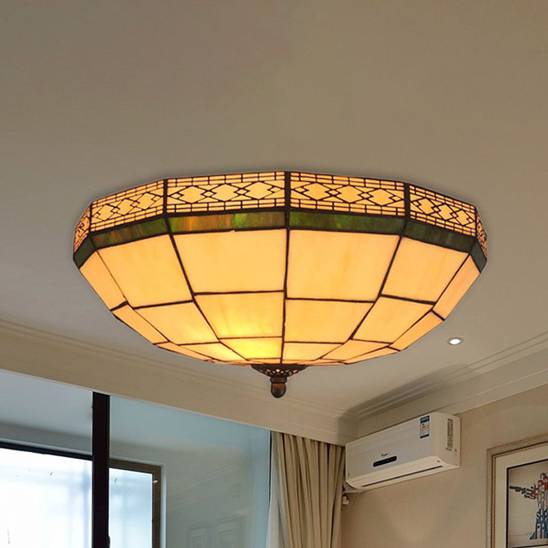 Bowl Flush Ceiling Light 8"/8.5"/10" Height Stained Glass 3 Lights Traditional Flush Lighting in Beige for Living Room Beige 16" Clearhalo 'Ceiling Lights' 'Close To Ceiling Lights' 'Close to ceiling' 'Flush mount' Lighting' 253129