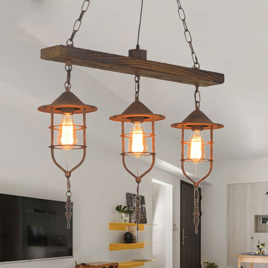 Caged Restaurant Pendant Light Fixture Rustic Metal 3 Lights Rust Hanging Lamp Kit with Wooden Beam Rust Clearhalo 'Ceiling Lights' 'Island Lights' Lighting' 253132