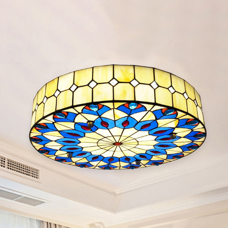 16"/18" W Round Shade Flushmount Tiffany Blue Flush Ceiling Light with Peacock Design for Restaurant Blue Clearhalo 'Ceiling Lights' 'Close To Ceiling Lights' 'Close to ceiling' 'Flush mount' Lighting' 253142