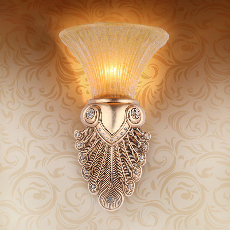 Amber Flared Wall Lamp Antique Prism Glass 1 Light Bedroom Sconce Light with Gold Peacock Tail Base, 10"/13" Wide Gold Clearhalo 'Wall Lamps & Sconces' 'Wall Lights' Lighting' 253147